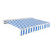 An Awntech Destin blue and white striped retractable awning with protective hood.