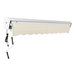 A white heavy-duty Awntech retractable patio awning with a black cord.