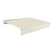 An Awntech linen retractable patio awning with a white frame.