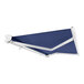 A navy blue awning with white frame.