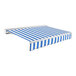 An Awntech Destin blue and white striped awning.