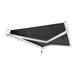 An Awntech black and white awning with a protective hood.