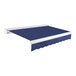 A navy blue and white Awntech Key West retractable patio awning with protective hood.