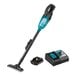 A close-up of a Makita cordless vacuum with a black battery attached.
