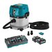 A black and blue Makita 40V Max XGT Lithium Ion battery attached to a black rectangle Makita vacuum.