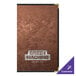 A brown and bronze metallic menu cover with silver metal accents.