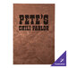 A bronze metallic menu cover with the words "Pete's Chill Parlor" on it.