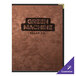 A bronze metallic menu cover with a logo on the front.