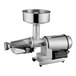 A silver stainless steel Tre Spade electric tomato mill with a bowl on top.