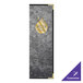 A brushed metallic steel 4 view menu cover with a logo on a grey surface.