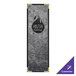 A brushed metallic steel menu cover with a rectangular window showcasing a customizable logo.