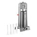 A stainless steel Tre Spade manual vertical sausage stuffer with white plastic tubes.