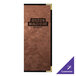 A bronze metal rectangular menu cover with black edges and text.
