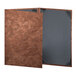 A bronze brushed metallic menu cover with black corners.