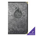 A black steel menu cover with a brushed metallic finish and a logo on it.
