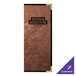 A brown rectangular H. Risch, Inc. bronze brushed metallic menu cover with black edges and customizable inserts.