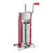 A white and red Tre Spade manual vertical sausage stuffer with a red handle.