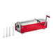 A red and silver Tre Spade manual sausage stuffer.