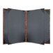 A bronze metallic menu cover with a brown wooden frame.