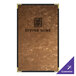 A brown rectangular menu cover with a brushed metallic gold finish and black text.