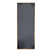 A rectangular black menu cover with wood corners.
