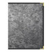 A brushed metallic steel menu cover with a black border.