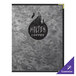 A brushed metallic menu cover with 3 views on a counter.