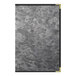 A brushed metallic steel menu cover with a customizable pocket.