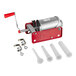 A red and silver Tre Spade manual sausage stuffer with white plastic tubes.