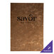 A brown brushed metallic menu cover with black text on the table.