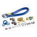 A blue hose with metal fittings, a blue cable, and other parts in the Dormont Deluxe SnapFast gas connector kit.