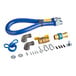 A blue Dormont gas connector hose with metal fittings and black restraining cable.