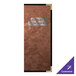 A bronze brushed metallic rectangular menu cover with metal corners.