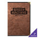 A brown rectangular H. Risch, Inc. metallic menu cover with black customizable text.