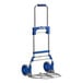 A blue and silver Lavex aluminum folding hand truck with wheels and telescoping handle.