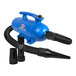 A blue XPOWER pet hair dryer with two black hoses and nozzles.