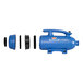 A blue XPOWER pet hair dryer with two black hoses and a handle.