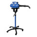 An XPOWER blue and black pet hair dryer on a stand.