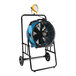 An XPOWER blue and black axial fan on a black cart with a light on it.