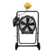 An XPOWER blue industrial fan on a mobile trolley with an LED spotlight.