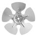A close-up of a silver circular fan blade with four blades.