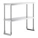 An Avantco stainless steel double deck overshelf with metal legs.