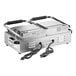 An Avantco commercial panini grill with stainless steel smooth plates and black handles and wires.