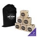 A stack of customizable wooden dice with a black bag.