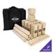 A group of wooden blocks with a logo on a bag.