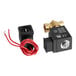 A black and gold Lavex solenoid valve with red wires.