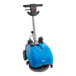 A blue Lavex walk behind floor scrubber with wheels.