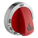 A red and silver American Range thermostat knob with a flame on the side.