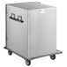 A silver metal box on wheels.