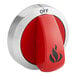 A red and white American Range timer knob with the word "off" on it.